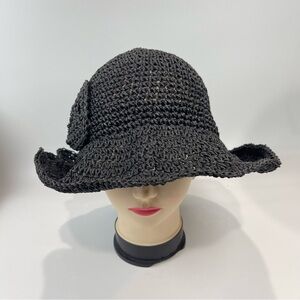 Crochet Black Women's Woven Floppy Flexible Foldable Beach Casual Straw Hat OS